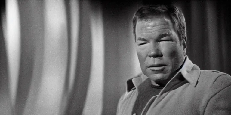 Prompt: photorealistic close up shot cinematography of william shatner aka james t kirk acting in a twilight zone episode shot on film at magic hour with the sun shining into a large 6 0's hotel lobby room filled with volumetric haze by the shining cinematographer john alcott on a cooke panchro 6 5 mm macro lens.