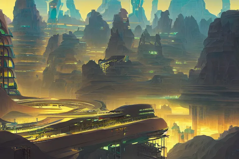 Image similar to a matte painting of a solarpunk city floating above a canyon by syd mead and peter mohrbacher and james gilleard in the style of hugh ferriss