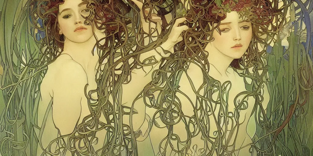 Image similar to twisted plant people, fungus tendrils by alphonse mucha, intense lighting, light beams, lens flare, intricate, elegant, highly detailed, digital painting, artstation, concept art, smooth, sharp focus, illustration, art by artgerm and serpentigena and alphonse mucha