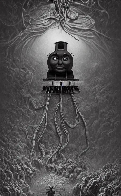 Image similar to thomas the tank engine in style of zdzisław beksinski, extremely dramatic lighting, 8 k, tendrils, black, darkness, black slime tendrils, infected, rust, body horror, thomas the train, thomas the tank engine face, horror,