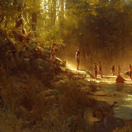 Image similar to lara croft, finds a camp full of humans, highly detailed painting by gaston bussiere, craig mullins, 8 k