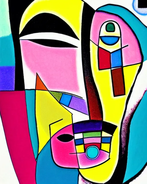 Prompt: closeup of a woman's face, in the style of wassily kandinsky, digital art, muted color