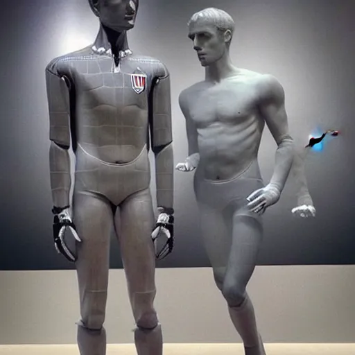 Image similar to “ a realistic detailed photo of a guy who is an attractive humanoid who is half robot and half humanoid, who is a male android, soccer player antoine griezmann, shiny skin, posing like a statue, blank stare, at the museum, on display ”