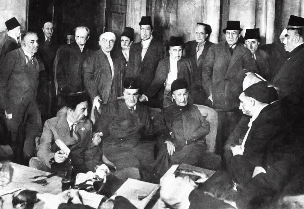 Prompt: ataturk is interrogating turkish politicians in front of the public.