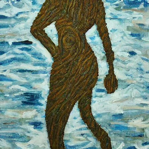 Image similar to the woman emerged from the ocean and danced by the river clothed in seaweed and tree bark , abstract art in the style of cubism and georgia o keefe ,