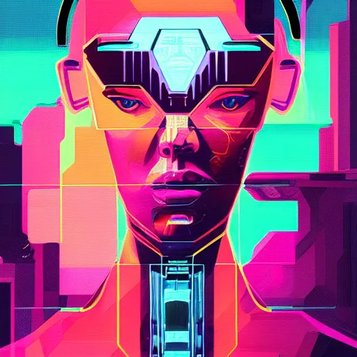 Image similar to a graph - style gouache impasto huge robot head in front of her, cyberpunk art by by james gilleard, cgsociety, retrofuturism, synthwave, retrowave, outrun