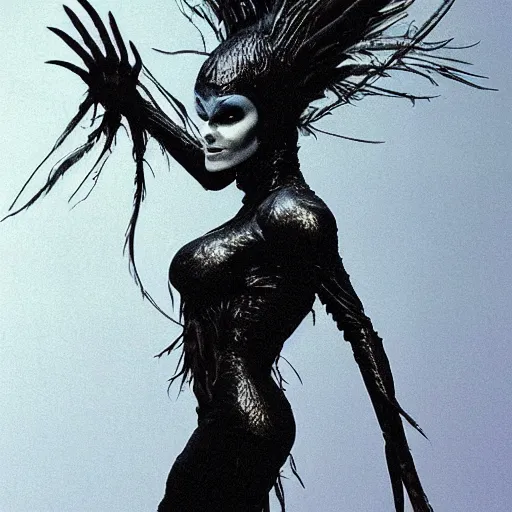 Image similar to jennifer connelly as alien odile the black swan, gray skin, wearing black hooded cloak, huge wings, black feathers instead of hair, black feathers growing out of skin, bumpy skin, screaming, losing control, black feathers growing out of face, black hands with black claws, comic book, giger, mike mignogna, david mack, trending on artstation