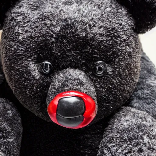 Prompt: black teddy bear with red eyes, face close up, realistic, highly detailed, studio photo, dark lighting