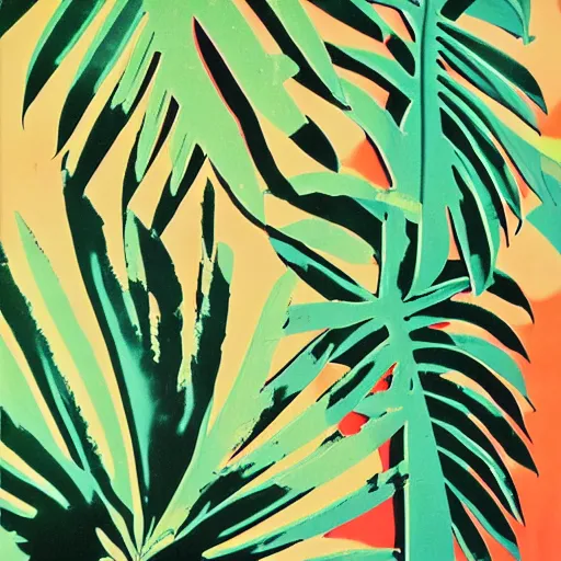 Prompt: palm leaves on the beach, pop art, warhol, 1960s