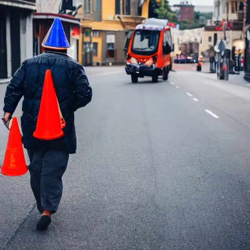 Prompt: a drunk man with a cone on his head wobbling down the street in the evening,