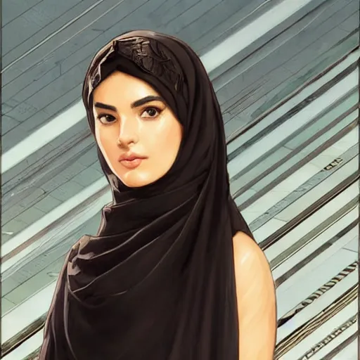 Image similar to modern tanned Ameera al-Taweel, blue eyes, wavy black hair, white veil, highly detailed, digital painting, artstation, concept art, smooth, sharp focus, illustration, ArtStation, art by artgerm and greg rutkowski and alphonse mucha and J. C. Leyendecker and Edmund Blair Leighton and Katsuhiro Otomo and Geof Darrow and Phil hale and Ashley wood and Ilya repin and Charlie Bowater