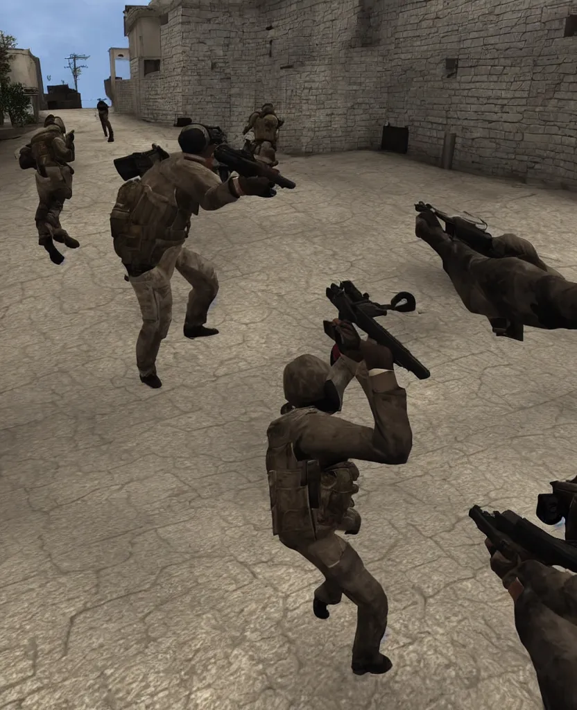 Image similar to lovers dancing in in counter strike with guns in their hands, first person shooter point of view