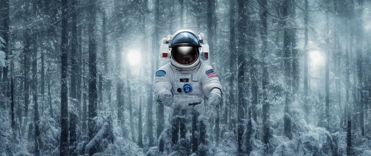 Prompt: close - up portrait of space astronaut with white spacesuit flying inside siberian big green pines snow forest, close - up helmet. small foggy and gloomy, blue lights, bokeh background, close - up shot, highly detailed science fiction illustration by jeremy geddes. photorealistic, octane render, hyper detailed, 8 k, movie still, artstation, unreal engine