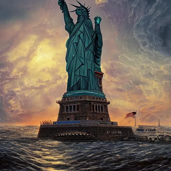 Prompt: giant hairy serpent bursting through the statue of liberty, fantasy artwork, award winning, hyper detailed, very very very very very very very very very very very very very very very very very beautiful, studio lighting, artstation