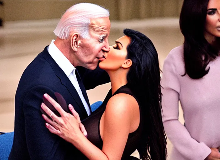 Image similar to film still of kim kardashian being kissed to sleep by joe biden, 8 k