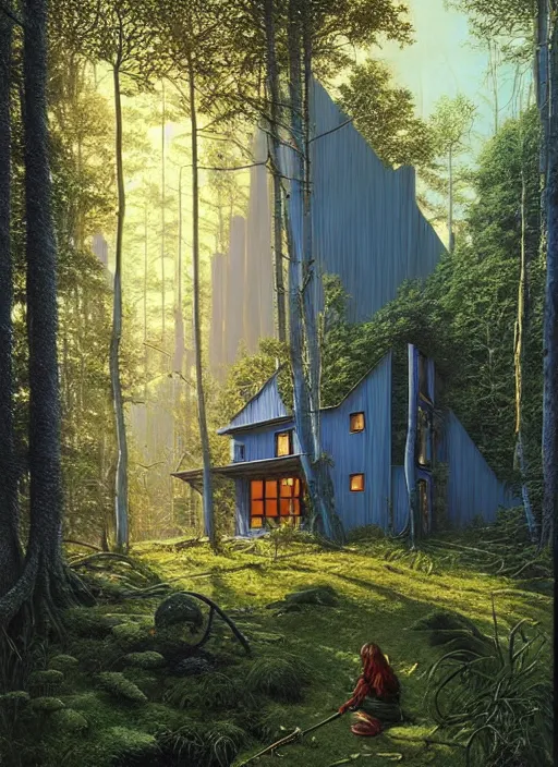 Image similar to hyper realistic witchy modern house with mood lighting and tech in the woods gorgeous lighting, sunbeams blue sky, highly detailed, lush forest foliage painting by zdzisław beksinski and norman rockwell and greg rutkowski weta studio, and lucasfilm