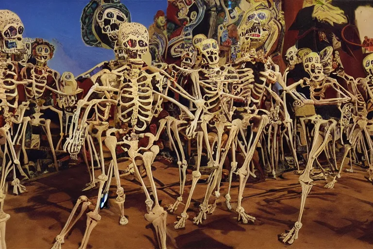 Prompt: tibetan skeleton dance in sacred ceremony, salvador dali