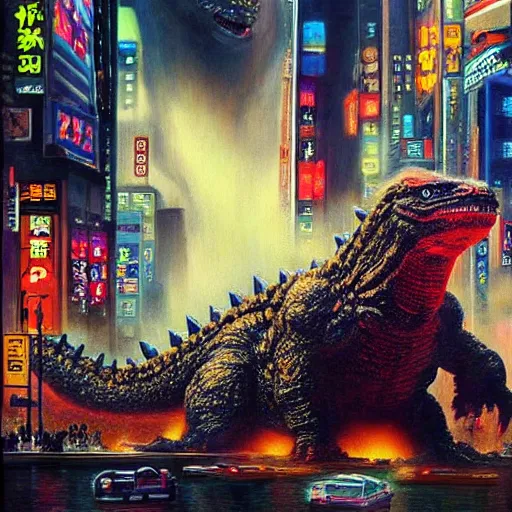 Prompt: a hyper-realistic stunning oil painting of a giant Godzilla monster peacefully coexisting with the people of Neo Tokyo; hyper-detailed!!!; an extraordinary masterpiece!!!; flawless; trending on artstation