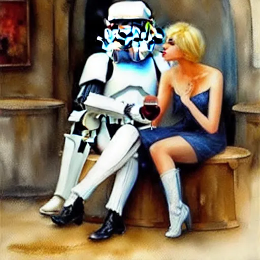 Image similar to stormtrooper and hot blonde drinking wine in a cellar, romantic, cozy, inviting, detailed, beautiful, atmospheric, impressionism, watercolor by vladimir volegov