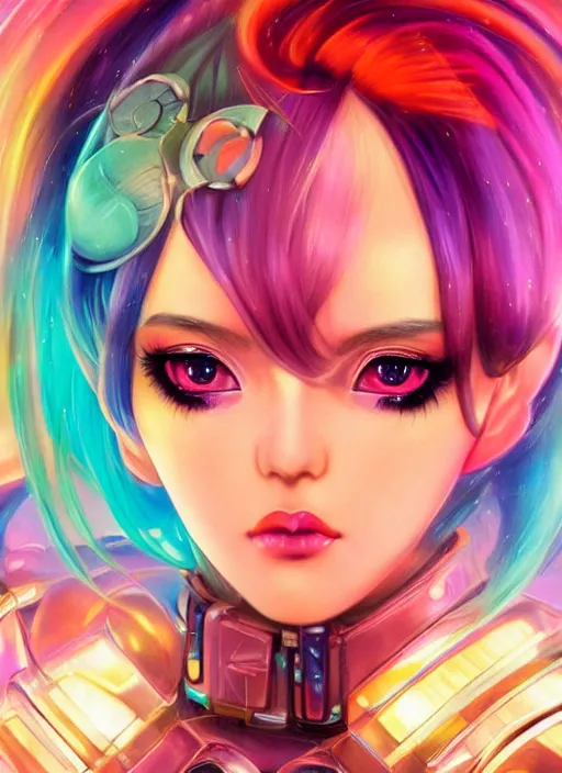 Prompt: beautiful retrofuturistic anime girl portrait with colorful makeup, chromatic skin, retro armor, eighties look, beautiful lights, vintage look, depth of field, gradients, hyper realistic, illustration, airbrush, 8 k, intricate, duo tone, art by david la chapelle and philip castle, artgerm