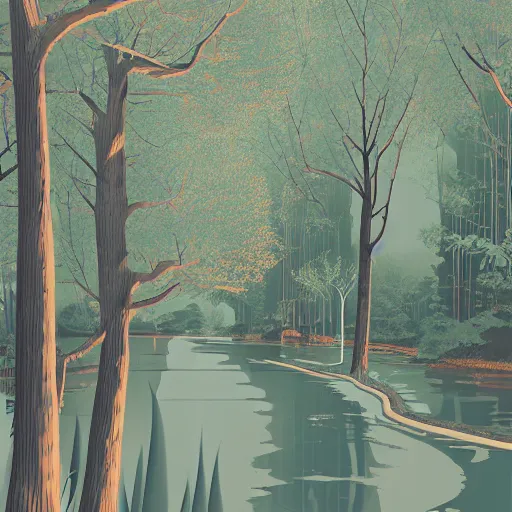 Prompt: illustration of a river lined with trees, terrazzo texture, by hsiao - ron cheng, james jean