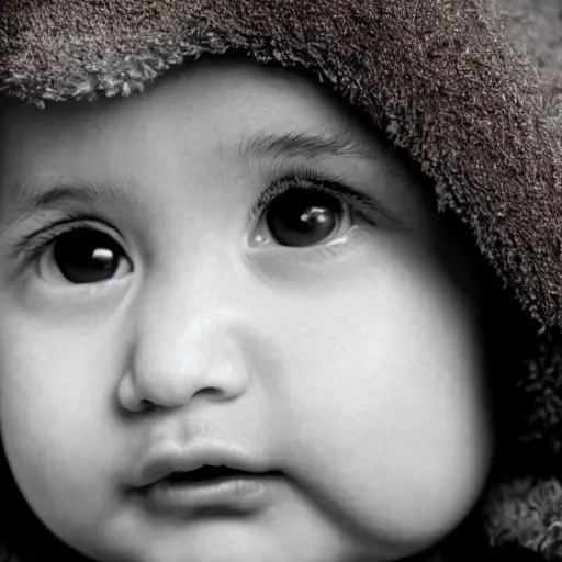 Image similar to a close up portrait of a cute baby with brown eyes and long brown curly hair, award winning photography, ultra high detail, hd, 8k, by Martin Schoeller