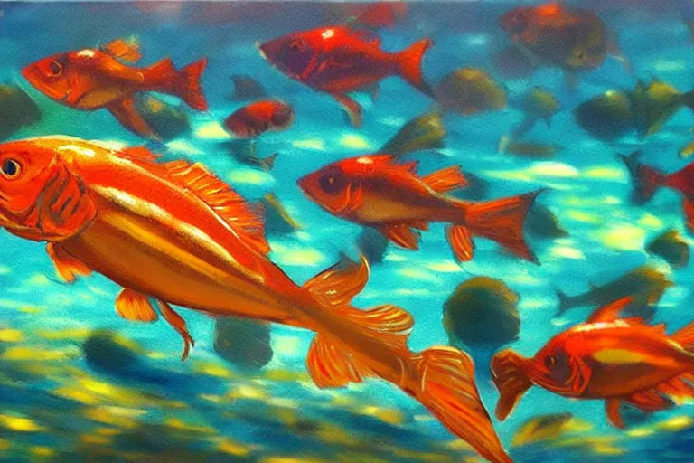 Image similar to fish, fantasy, painting, ultra realistic!!!, clear weather, golden hour, sharp focus