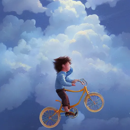 Image similar to A whimsical painting of a boy riding a bicycle in the sky, flying through the clouds, digital art, artstation, Mandy Jurgens, CGSociety, WLOP