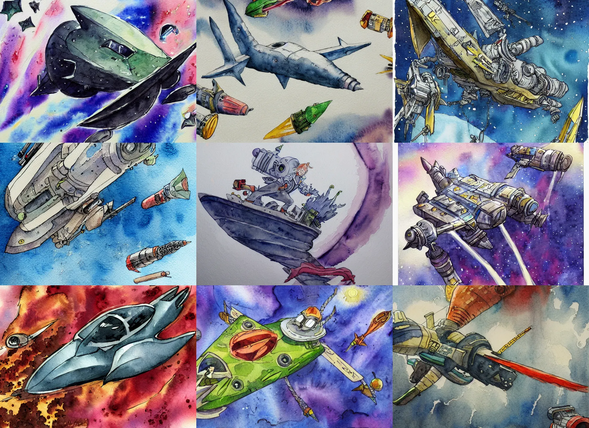 Prompt: detailed watercolor painting cartoon fantasy rogue spaceship