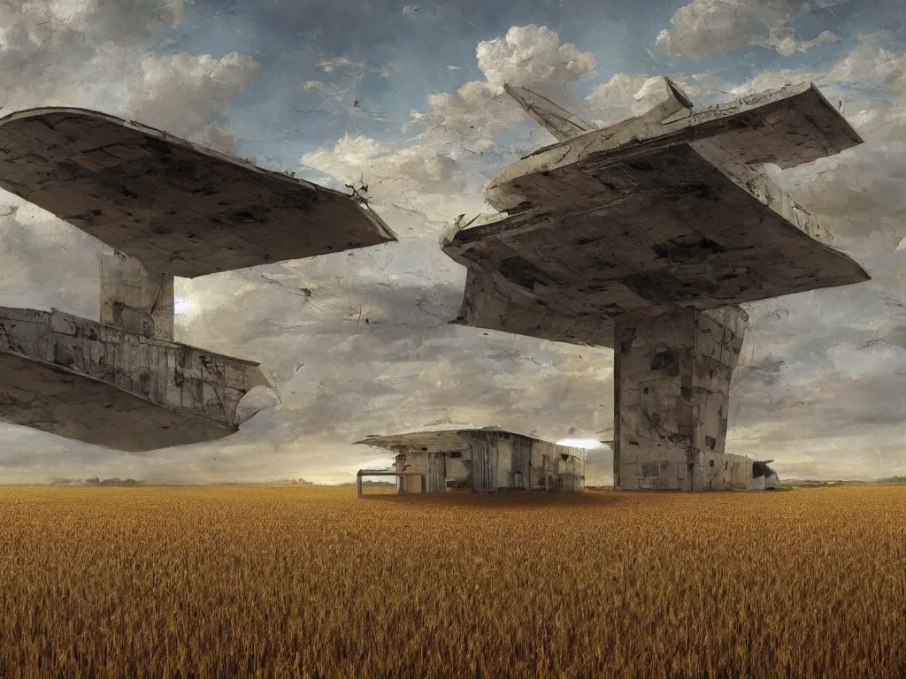 Prompt: A fantastic painting of a dilapidated post-modern building on a wheat field with an abandoned spaceship parked on the roof of the building, by Mat Collishaw, Trending on artstation, very detailed