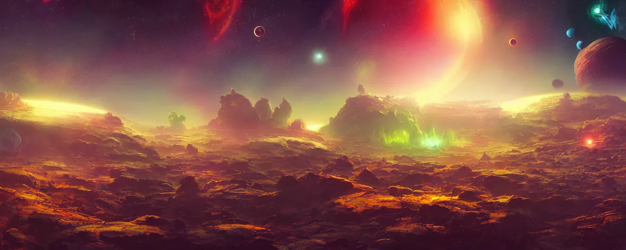 Image similar to ” gas planets on another world, [ cinematic, detailed, epic, widescreen, opening, establishing, mattepainting, photorealistic, 4 k, octane render, art by paul lehr ] ”