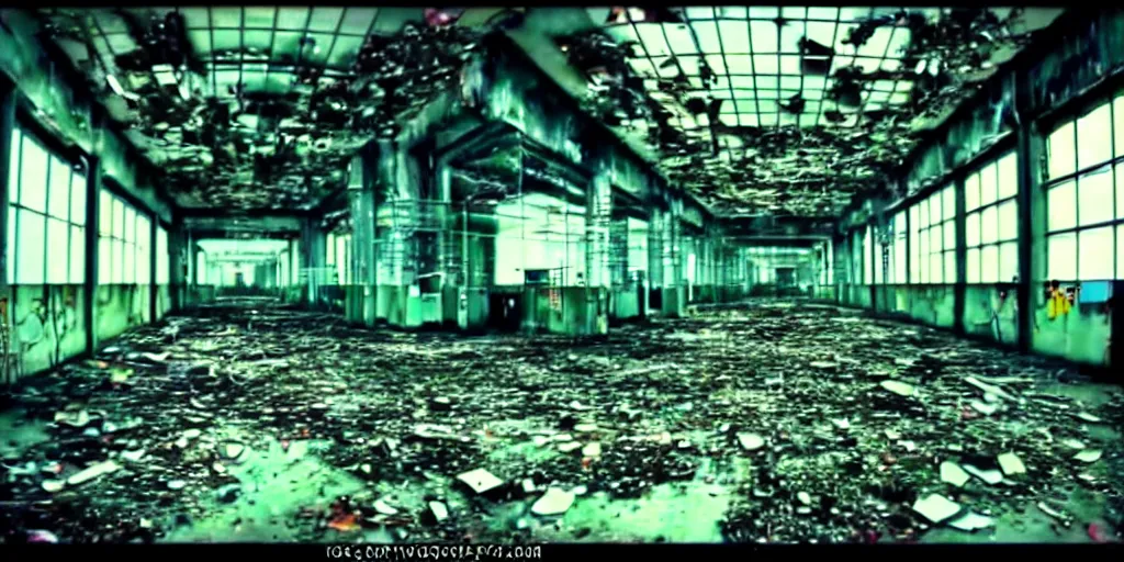 Image similar to abandoned replicant factory in a mall, old distorted camcorder video