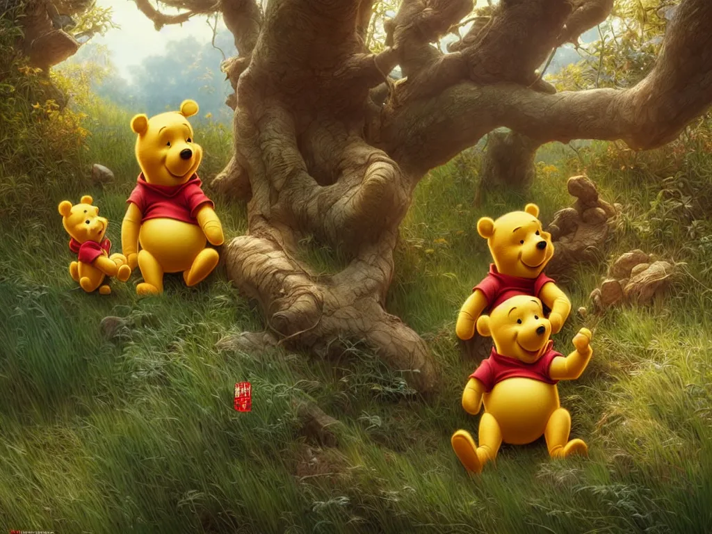 Image similar to winnie the pooh with chinese president xi jingping, cute and cuddly, highly detailed, photorealistic, octane render, 8 k, unreal engine. art by artgerm and greg rutkowski and alphonse mucha