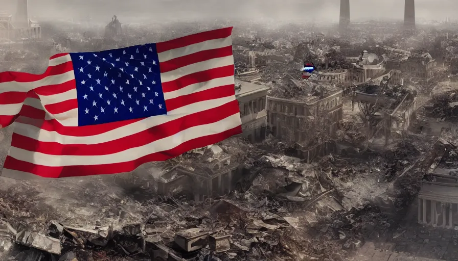 Prompt: us flag flying in the wind in destroyed washington dc city, hyperdetailed, artstation, cgsociety, 8 k