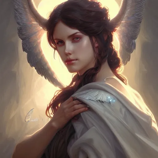 Image similar to Portrait of female fallen angel, D&D, blue eyes, face, fantasy, intricate, elegant, highly detailed, digital painting, artstation, concept art, smooth, sharp focus, illustration, art by artgerm and greg rutkowski and alphonse mucha