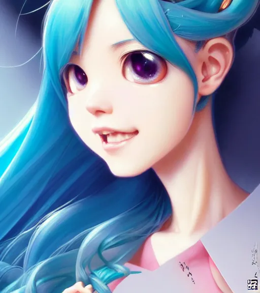 Image similar to portrait of disney hatsune miku!!, intricate, elegant, highly detailed, digital painting, artstation, concept art, smooth, sharp focus, illustration, art by artgerm and greg rutkowski and alphonse mucha and uang guangjian and gil elvgren and sachin teng and wlop, symmetry!!