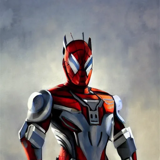 Image similar to greg manchess portrait painting of armored spiderman ultraman grey fox from metal gear cyborg gay japanese - american hybrid as overwatch character, medium shot, asymmetrical, profile picture, organic painting, sunny day, matte painting, bold shapes, hard edges, street art, trending on artstation, by huang guangjian and ail elvgren and sachin teng