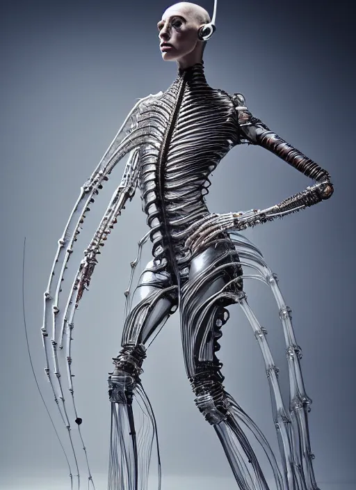 Image similar to walking down the catwalk, show, stage, vogue photo, podium, fashion show photo, iris van herpen, beautiful woman, full body shot, masterpiece, inflateble shapes, alien, giger, plant predator, guyver, jellyfish, wires, veins, white biomechanical details, wearing epic bionic cyborg implants, highly detailed