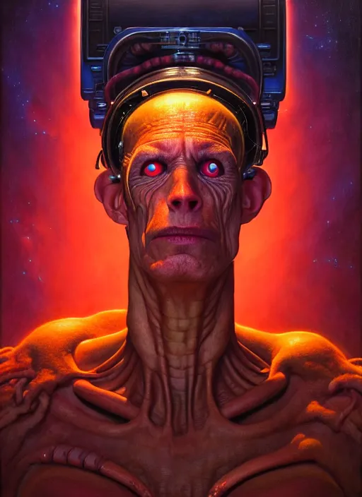 Prompt: cinematic bust portrait of psychedelic scientist engineer, head and chest only, exotic alien features, Tim Hildebrandt, Wayne Barlowe, Bruce Pennington, donato giancola, larry elmore, oil on canvas, masterpiece, trending on artstation, featured on pixiv, cinematic composition, dramatic pose, beautiful lighting, sharp, details, hyper-detailed, HD, HDR, 4K, 8K