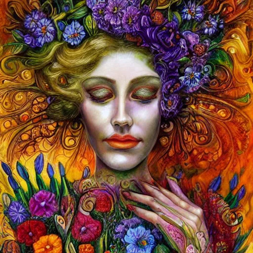 Image similar to a painting of a woman's face surrounded by flowers, a surrealist painting by josephine wall and ( ( ( alice mason ) ) ), deviantart, psychedelic art, psychedelic, biomorphic, detailed painting