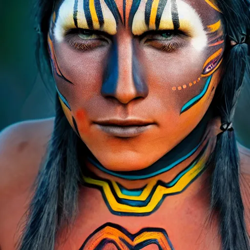 Image similar to a beautiful female indigenous warrior with futuristic face paint, ornamental markings, photorealistic, cinematic lighting, high resolution 4 k