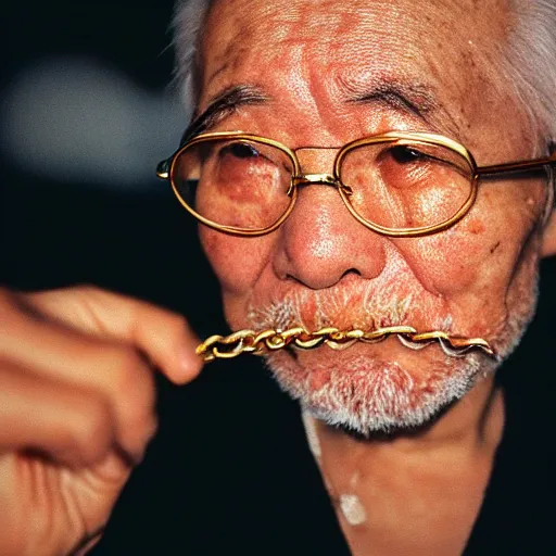Image similar to close up, old man in tokyo at night, wearing gold chain, gold rings, cinestill 8 0 0,