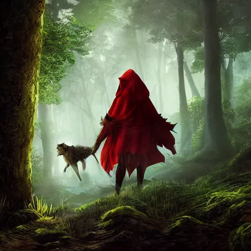 Prompt: smirking heavily armed little red riding hood getting attacked by a werewolf from behind in a lush green forest, sharp focus, unreal engine 5, digital illustration, volumetric light, highly detailed, intricate, by michael whelan, james gurney, 8 k