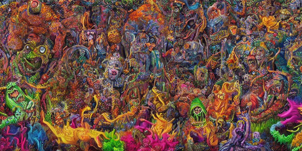 Image similar to a ultra high hyperdetailed painting with complex textures of a group of monsters united within a larger monster, made of candies and psychotropic psychoactive substances psychedelic fulcolor spiritual chaos surrealism horror bizarre psycho art