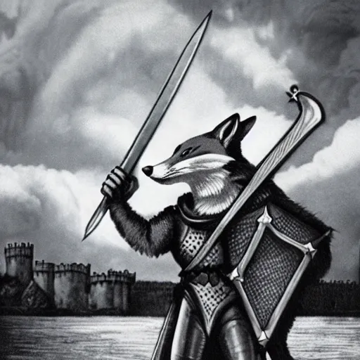 Image similar to anthropomorphic fox!! who is a medieval knight holding a sword towards a stormy thundercloud 1 9 3 0 s film still, castle in the background