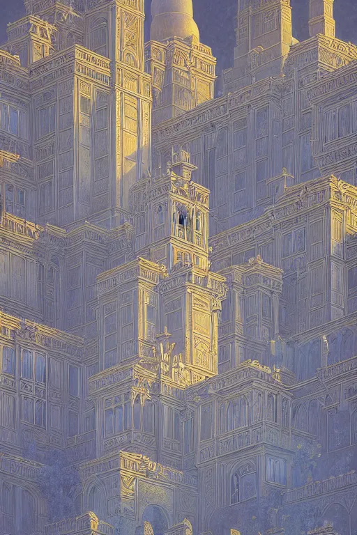 Prompt: ancient silver tower of the moon, distance view, fairytale illustration, elaborate carved latticed balconies, tall windows, moorish architecture, formal gardens, dramatic cinematic lighting, soft colors, golden age illustrator, unreal engine, by Andreas Rocha and Ludwig Deutsch and (Maxfield Parrish and Nicholas Roerich)