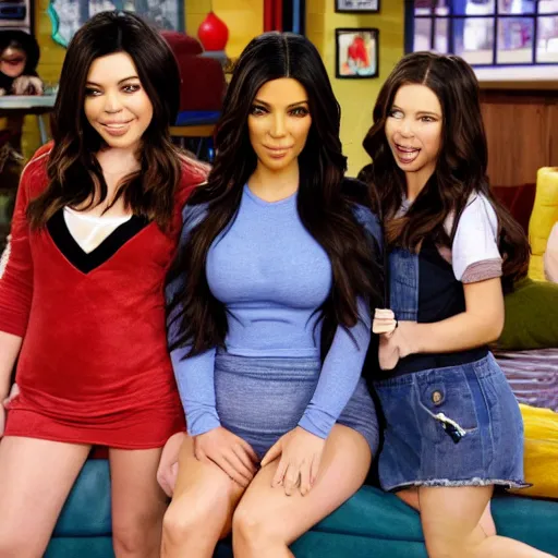 Image similar to Icarly with kim kardashian as Carly, 8k full HD photo, cinematic lighting, anatomically correct, oscar award winning, action filled, correct eye placement,