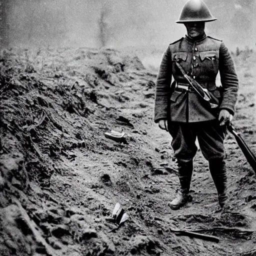 Image similar to Thanos as a soldier, ww1 trench, war photo, film grain