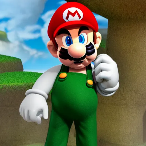 Prompt: professional fantasy art of new mario brother in green shirt and white overalls, with s on hat, long thin drooping dangling moustache, very sad face, looking at camera, professional art, dnd, fantasy art, red moon, matte painting, volumetric lighting, unreal engine 5, very detailed art