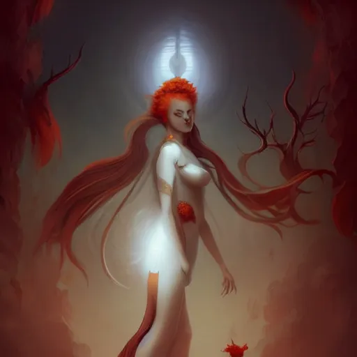 Image similar to prompt A beautiful portrait of a white red orange kumiho, backlit, concept art, matte painting, by Peter Mohrbacher